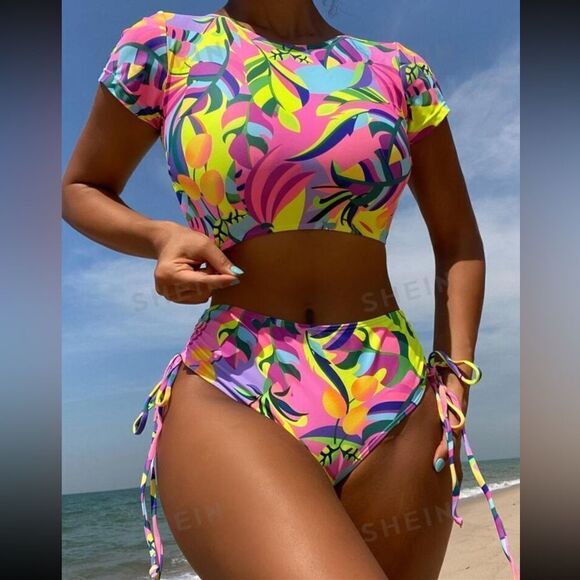 SXY Swim Summer Beach Tropical Print Drawstring Side Bikini Set - Picture 1 of 5